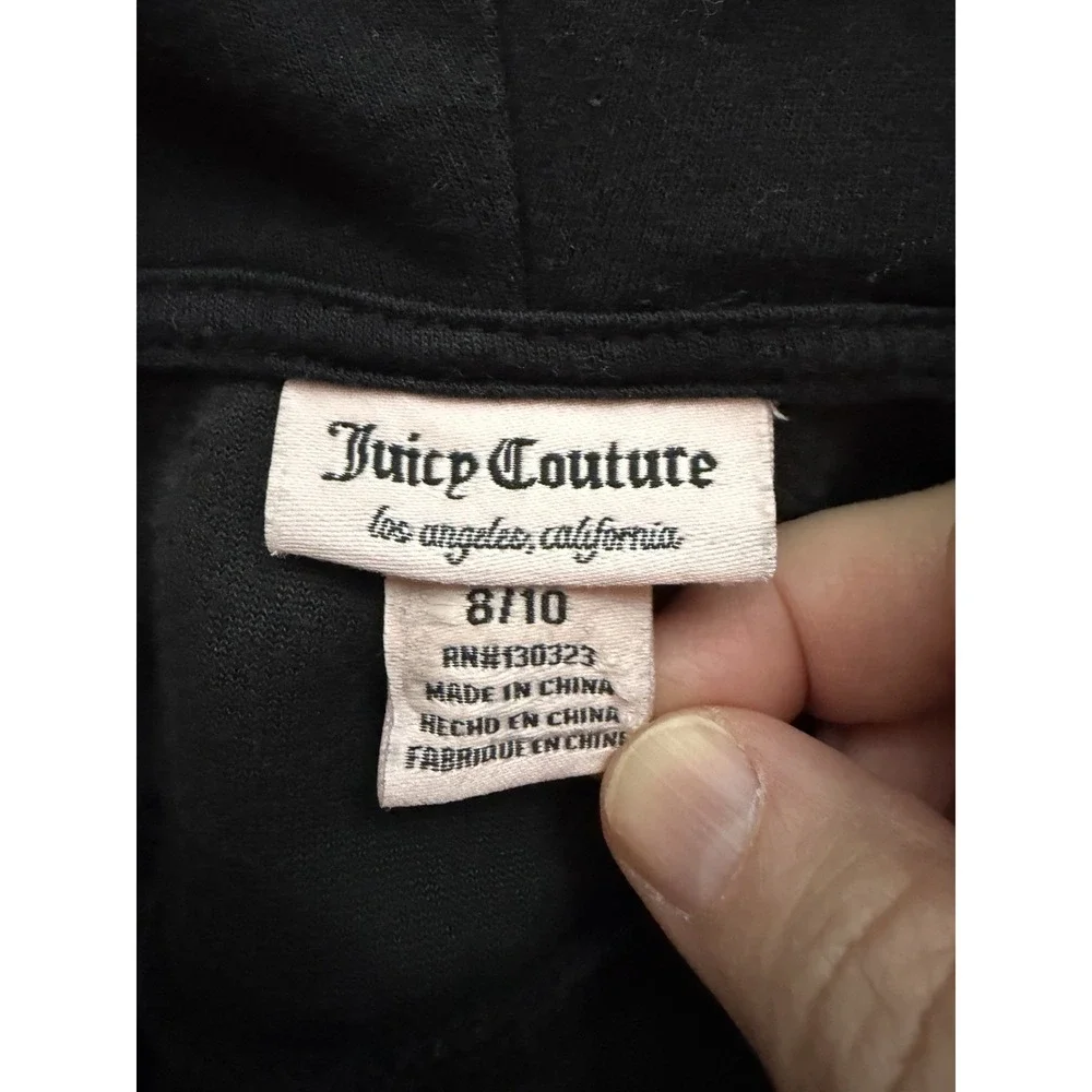 Juicy Couture Y2K Track Jacket Girls 8/10 Black Velour Hoodie Studded Bling 90